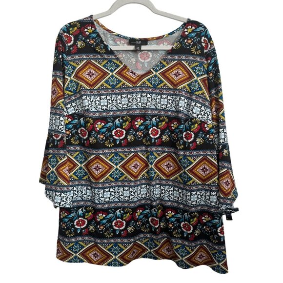 AGB Women's Boho Tunic Top 2X Colorful Geometric & Floral Print 3/4 Sleeves Top - Picture 2 of 11